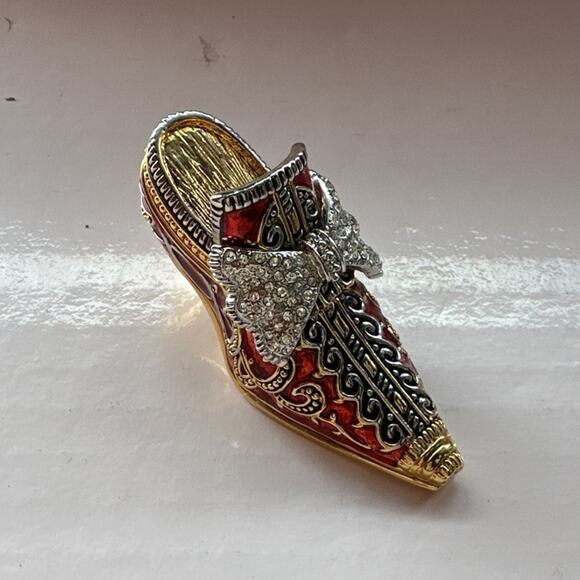 Enameled Set 2 Crystal Bejeweled Cloisonné High Heel Hinged Red Blue Trinket Box - Picture 10 of 14